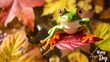 A festive Leap Day themed image featuring a bright green frog on a bed of fallen leaves, signaling the start of autumn