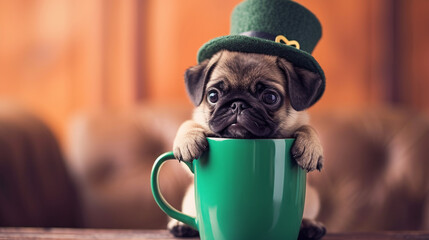 a small dog near a green cup in a St. Patrick's hat