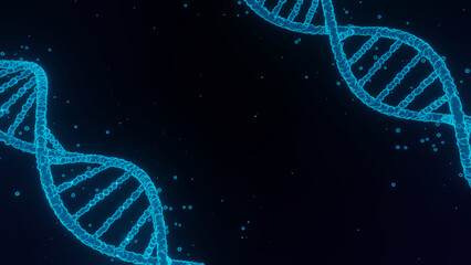 3d structure of neon glowing DNA strands isolated on dark blue background 8k illustration. Medical science, genetic biotechnology, chemistry biology, gene cell concept ,...