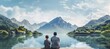 Man and a boy sitting on a dock looking up at mountains.