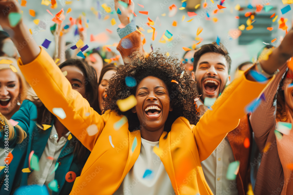 Happy diverse business team celebrating success and having fun all ...