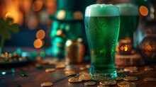 Pint Of Green Irish Beer With A Perfect Foam Head. Irish Pub With St. Patrick's Day Decor, Green Top Hat, And Gold Coins. Horizontal Banner With Copy Space. AI Generated