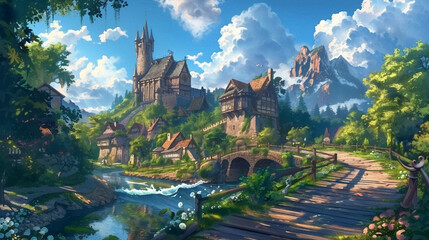 Wall Mural - Medieval Environment Illustration. Beautiful 4K vintage town, vibrant colors. Generative AI