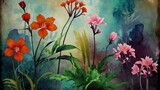 Fototapeta Kwiaty - Grunge style beautiful, colorful, abstract art. Paper texture. Colorful painting. Watercolor background with flowers and plants.Ai generative