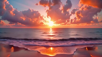 Wall Mural - Ocean sunset. Magical dramatic sea sunset. Burning sky and shining golden waves. Sunset sea 4k. Red sky, yellow sun and amazing sea. Summer sunset seascape. Colorful pink and golden colors beauty