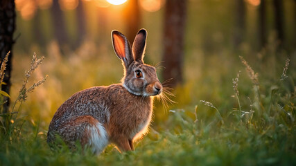 Wall Mural - Young hare (Lepus europaeus) in the sunset.