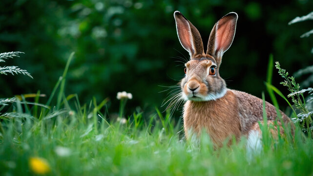Cute brown hare sitting on the grass in the meadow