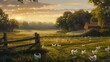 an empty farm greenfield at sunrise, where white hens roam freely, in an ultrarealistic depiction that brings the serene beauty of rural life to life.