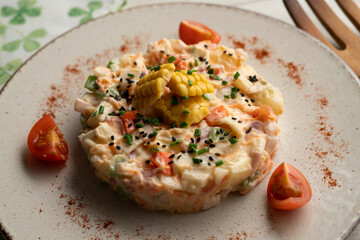 Canvas Print - Traditional Russian salad with mayonnaise and corn.