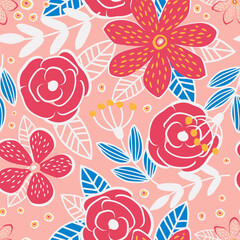 Canvas Print - Fantasy rose flowers, leaves and branches form a modern botanical seamless pattern for textiles on a pink background. Vector.