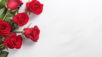 Wall Mural - composition of a bouquet of red roses flowers, top view with copy space on a white background