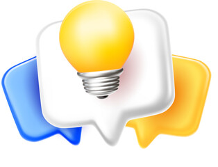 Wall Mural - Vector illustration of communication speech bubble with yellow light bulb and shadow on white background. 3d style design of speech bubble with electric shine light bulb