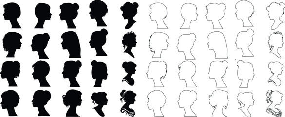 Wall Mural - cameo silhouette collection, diverse hairstyles, head shapes. black and white vector illustrations, 
