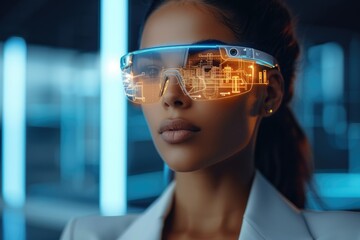 Fototapete - Augmented reality that shows on the screen of a pair of glasses that a woman is wearing, the glasses show technical drawing. Generative AI.