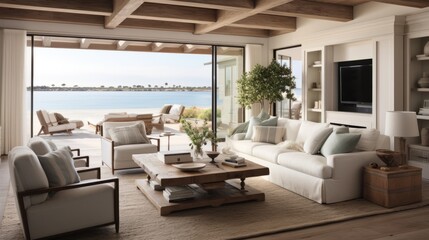 Wall Mural - beautiful small space casual living family room soft neutral wood beams  and a gorgeous grouping of swivel color fabric chairs around a striking coffee table coastal design nature freshness home