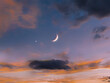 © Nazarii - New moon in the sky near Venus at sunset. Venus next to the Moon. Beautiful celestial landscape.