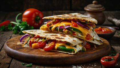 Wall Mural - A colorful vegetable quesadilla resting on a rustic wooden board, showcasing the vibrant mix of peppers, onions, tomatoes, and melted cheese oozing out from the edges