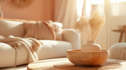 Wall Mural - Closeup of living room with wooden table, dried pampas grass and cozy sofa with cushions and a knit throw. Minimal Interior in peach colors, soft sunlight and shadows.