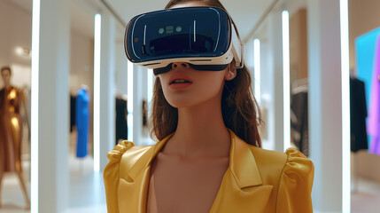 Poster - A woman wear Virtual Vr, Embarking on a vision to provide a fashion experience that transcends physical boundaries through virtual reality. offer users a shopping experience filled. Generative AI.