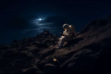 Wall Mural - a lone astronaut on a rocky lunar landscape looking at a device while earth shines in the starry sky