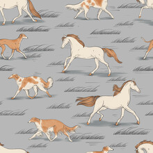 Animalistic Seamless Pattern With Horses And Hounds