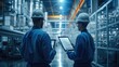© visoot - Industry Machinery Production. Two Engineers Use Tablet Computer Working With Big Data Statistics, Optimization of High-Tech Electronics Facility. Generative AI.