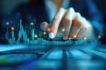 Fototapete - Close up of Hand business man putting an index finger to graph analyzing stock market, in the style of light blue and light indigo. Generative AI.