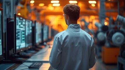 Aufkleber - Engineer manager monitors and controls robot arm automation in smart factories in real time monitoring system software, welding robots and digital manufacturing operations. Generative AI.
