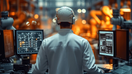 Aufkleber - Engineer manager monitors and controls robot arm automation in smart factories in real time monitoring system software, welding robots and digital manufacturing operations. Generative AI.