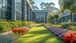 Contemporary factory setting with spacious grassy grounds, designated parking area, amidst a vibrant flower garden, under natural sunlight. Generative AI.