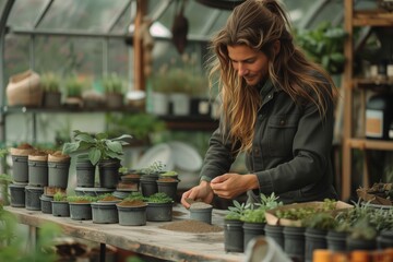 Wall Mural - Man gardener plants germinated seeds in containers in greenhouse, seedling on background