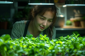 Wall Mural - Young woman grow green tomato seedling in tray.  seedlings under grow Led lights.