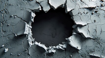 Wall Mural - Hole with cracks in the wall, damaged and broken texture surface background or banner