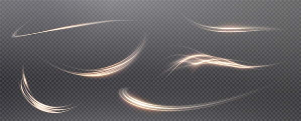 Wall Mural - Vector png background with gold glowing lines. Gold glowing lines of speed. Light glow effect. Light trail wave, fire trail line and glow curve swirl.