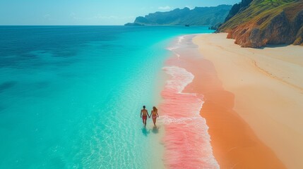 Canvas Print - The famous pink beach in Komodo national park with turquoise mint color clear water with a couple lying on it on their honeymoon. A drone aerial photo of the scene.