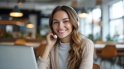 Poster - A friendly smiling woman with headset working with laptop and talking while calling client. Generative AI.
