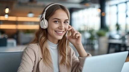 Poster - A friendly smiling woman with headset working with laptop and talking while calling client. Generative AI.