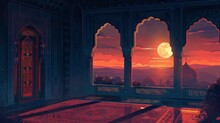 Mosque Window With Moonlight And Islamic Patterns - A Beautiful And Serene Illustration In Warm Colors