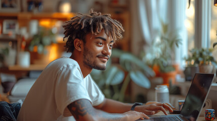 Aufkleber - A young man sitting at a desk in front of a laptop. Generative AI.