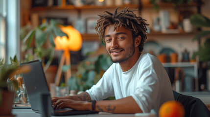 Aufkleber - A young man sitting at a desk in front of a laptop. Generative AI.