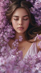 Poster - A beautiful woman in a bed of pink and lavender colored flowers. Generative AI.