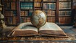 © Zaleman - Against a background of bookshelves in a library, an old globe lies on an open book. Selective focus. Retro style. Description: Education history and geography team, science, education, travel.