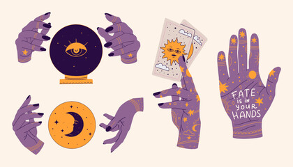 Wall Mural - mystical esoteric hands set. collection of symbols of witchcraft and magic. trendy vector illustrati