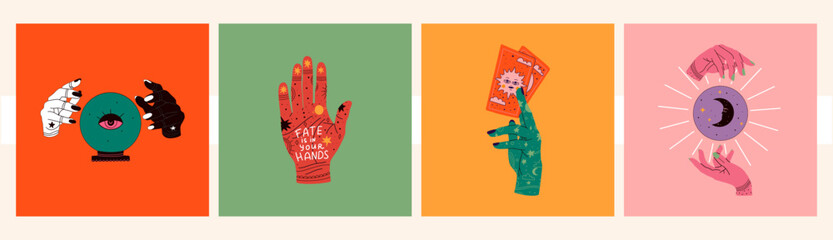 Wall Mural - mystical esoteric hands set. collection of symbols of witchcraft and magic. hand drawn vector illust