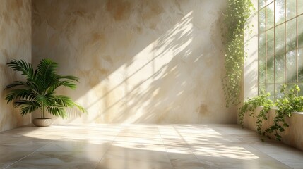 Aufkleber - This minimal abstract beige background features a window with intricate shadows, vegetation on the wall, and a minimal abstract beige background.