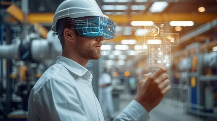 Aufkleber - Engineer using smart glasses with augmented mixed with virtual reality technology to monitoring machine in real time. working in smart factory. Generative AI.