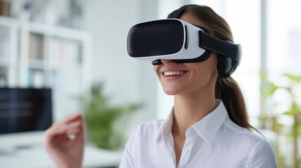 Poster - Virtual Reality Experience, Woman Employee Psychologist In Virtual Goggles. Generative AI. Generative AI.