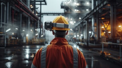 Fototapete - A worker wearing a smart helmet with environmental sensors for safety, Working in a smart factory. Generative AI.
