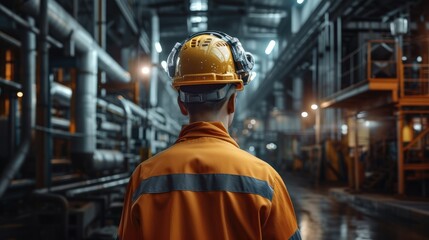 Fototapete - A worker wearing a smart helmet with environmental sensors for safety, Working in a smart factory. Generative AI.