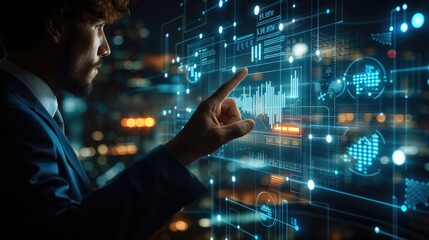Poster - Man using his finger to touch screen with business graph showing up virtual screen. New startup ideas and business growth concept. Generative AI.